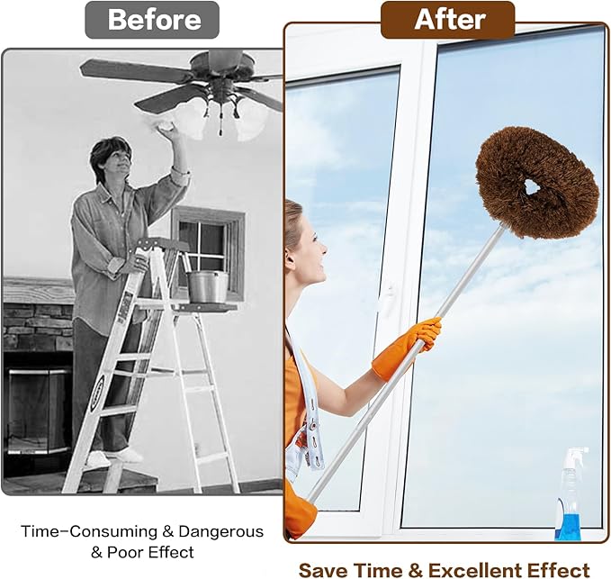 Ceiling Fan Cleaner Duster Reusable Microfiber Ceiling Fan Blade Cleaner Removable Duster with Extension Pole Adjusts 13 to 49.7 Inch for Cleaning Walls Bookshelves Furniture Door Window Top (Brown)
