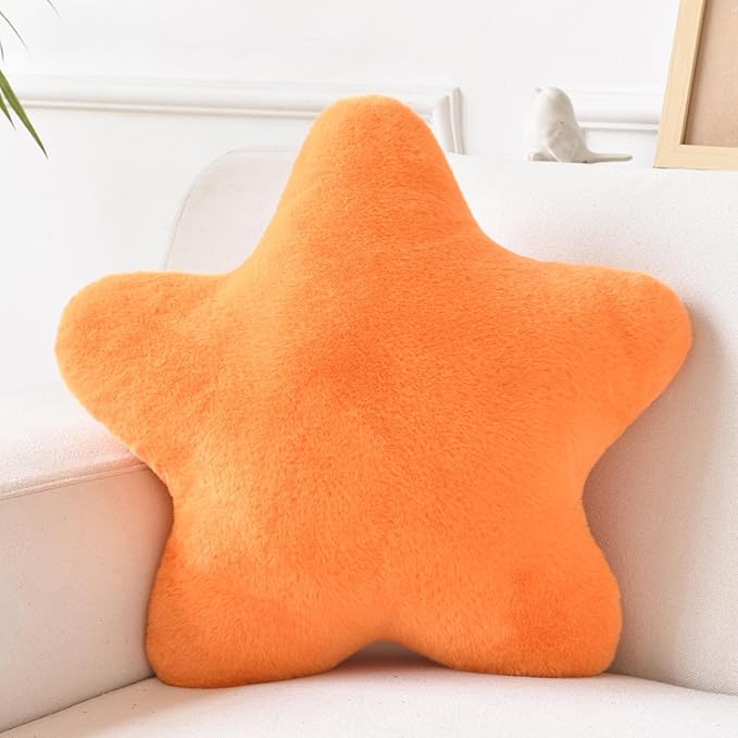 Xiashrk Star Pillow, Decorative Throw Pillows for Bed Couch, 15" Star Shaped Pillow Plush Floor Cushions Room Decor Pillow with Faux Rabbit Fur for Sofa Bedroom Living Room (Orange, 19.6" x 19.6")