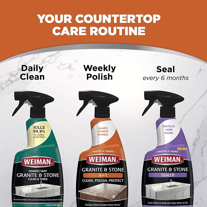Weiman Granite Cleaner Polish and Protect, Streak Free, pH Neutral Formula for Daily Use on Interior & Exterior Natural Stone with Microfiber Towel, 3 in 1-2 Pack