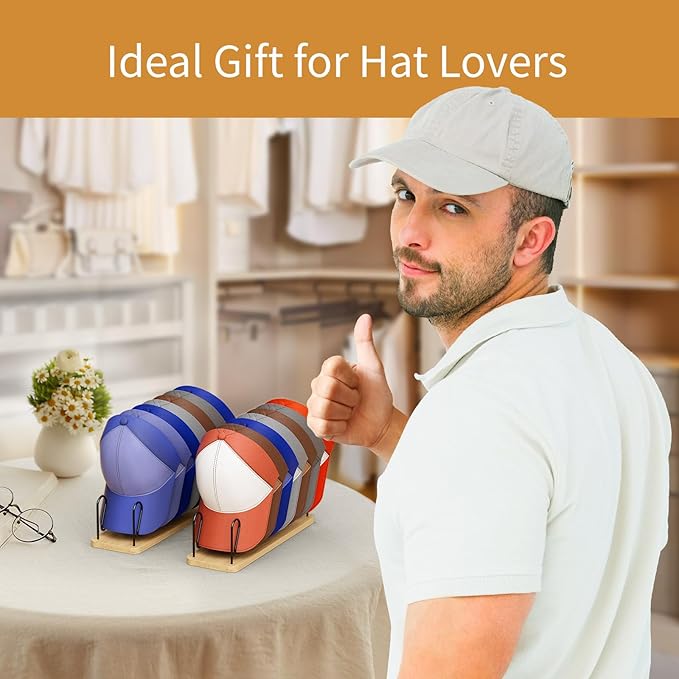 Hat Organizer for Baseball Caps 2 Pack Hat Rack for 14 Baseball Caps Wooden Hat Holder Stand Storage Display Cap Organizer for Closet Shelf
