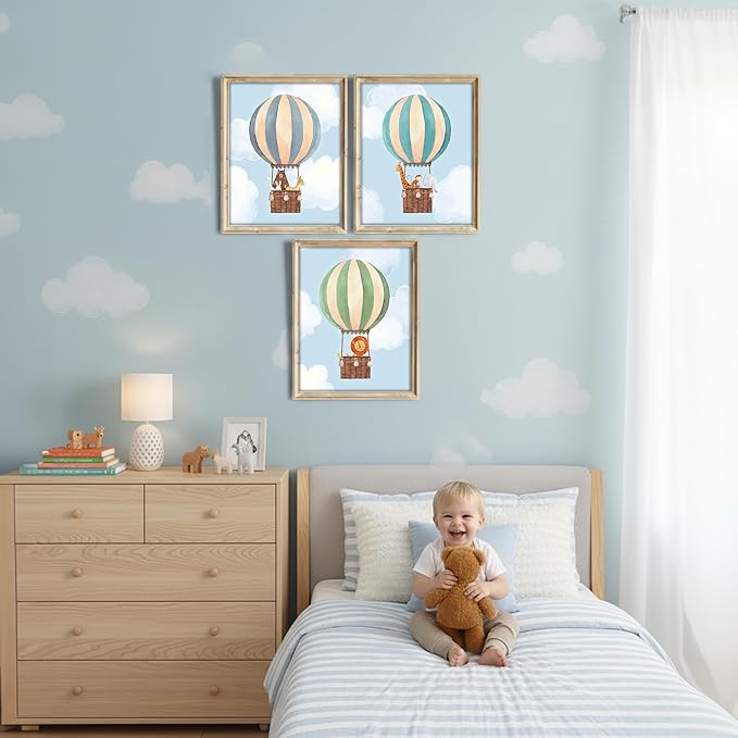 Hot Air Balloon Art Prints (Set of 3) - Unframed - 8x10s | Nursery Wall Decor | Elevate Your Nursery Decor with this Charming Wall Decor | Modern Wall Decor for Your Little One's Room