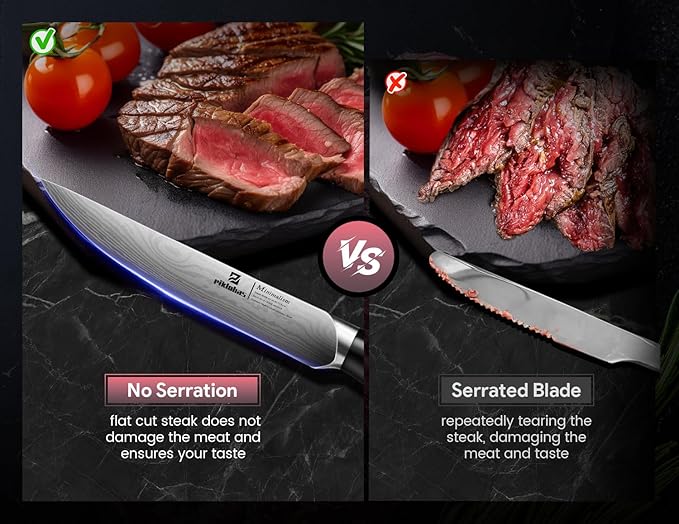 Steak Knives Set of 8, 4.5 Inch Non Serrated Dinner Knife, Forged German Steel Damascus Pattern Straight Edge Meat Knife with Full Tang Handle, Dishwasher Safe, Ideal for Gift