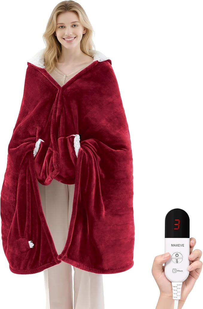Heated Blanket Wearable Electric Blanket with Hood and Pockets, Heating Throw Blanket, Electric Heated Wrap Shawl with 6 Heating Levels Setting & 4 Hours Auto Shut Off, Machine Washable(Shrot, Wine)