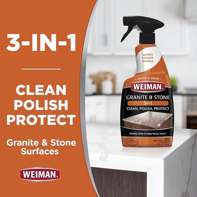 Weiman Granite Cleaner Polish and Protect, Streak Free, pH Neutral Formula for Daily Use on Interior & Exterior Natural Stone with Microfiber Towel, 3 in 1-2 Pack