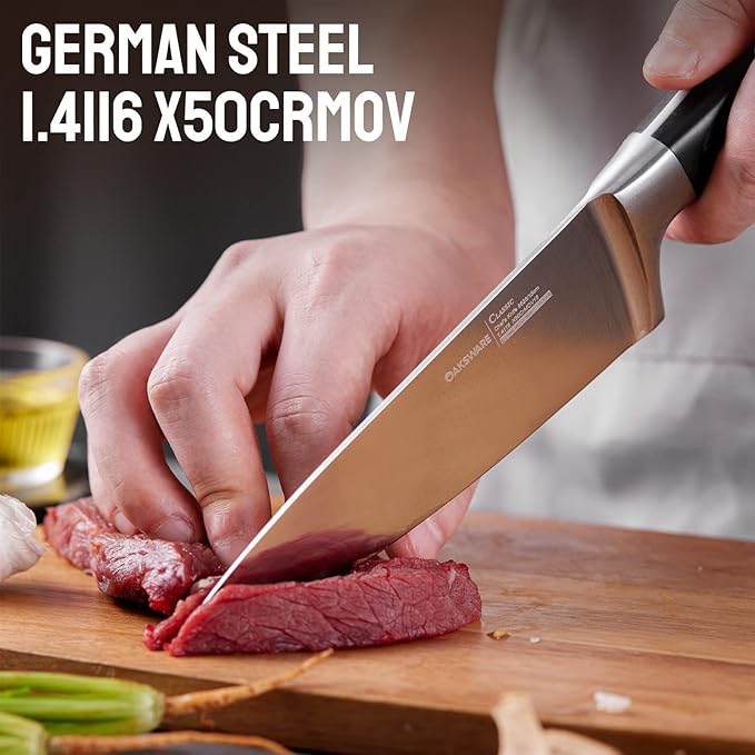 OAKSWARE Chef Knife, 8" Kitchen Knife for Cutting & Cooking, High Carbon German Steel Razor Sharp Knives, Professional Meat Knife with Full-Tang Handle