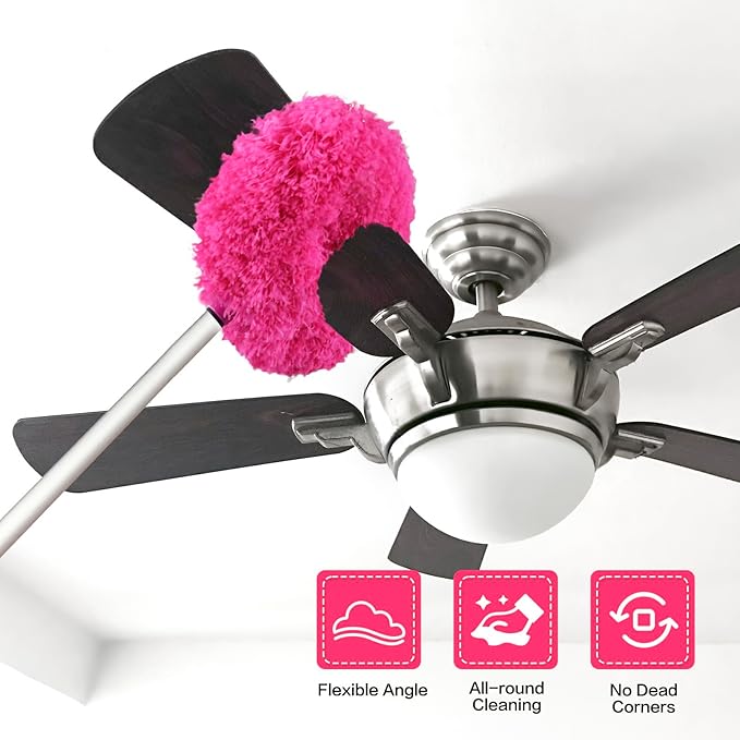 Ceiling Fan Cleaner Duster Reusable Microfiber Ceiling Fan Blade Cleaner Removable Duster with Extension Pole Adjusts 13 to 49.7 Inch for Cleaning Walls Bookshelves Furniture Door Window Top (Rosy)