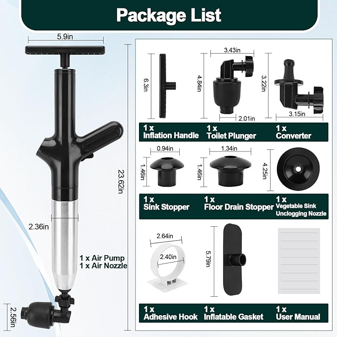 Toilet Plunger Drain Clog Remover, High Pressure Air Drain Remover Tool with Real-Time Barometer, Stainless Steel Clog Toilet Cleaner for Bathroom Kitchen Commercial Floor Sink(Black)