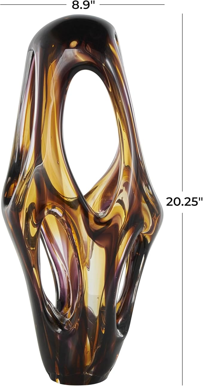 Deco 79 Glass Abstract Decorative Sculpture Cutout Home Decor Statue with Pink and Amber Accents, Accent Figurine 9" x 6" x 20", Yellow