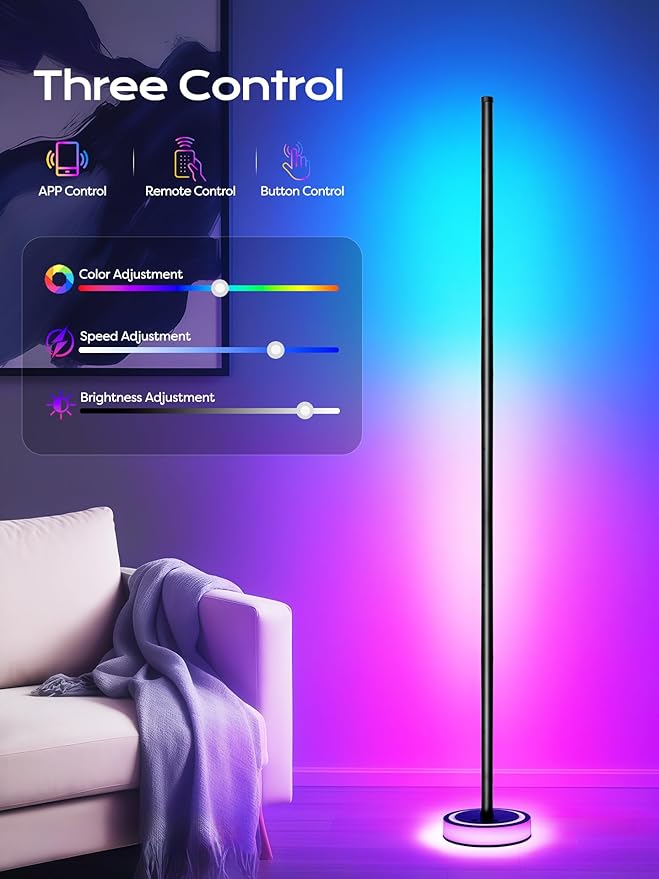 Smart RGBICW Corner Floor Lamp with App & Remote Control - 16 Million Colors, Music Sync, Timer Setting, Dimmable Ambient Lighting LED Standing Lamp for Bedroom, Living Room, Gaming Room & Home Decor