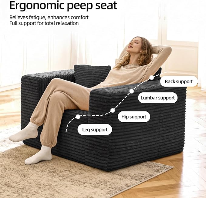 Single Cloud Sofa, Giant Bean Bag Chair with High Backrest & Wider Armrest, Foam Boneless Couch for Oversized Spaces, Comfy Furry Sofas with Pillows for Living Room, Bedroom, Apartment, Dorm, Office