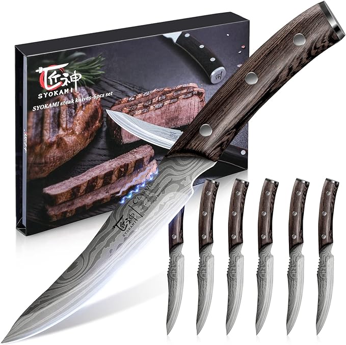Steak Knives Set of 6, 4.8 Inch High-Carbon Japanese Style Non-serrated Steak Knife with Wood Handle, Damascus Pattern Full Tang Design, Razor-Sharp Dinner Knives with Gift Box