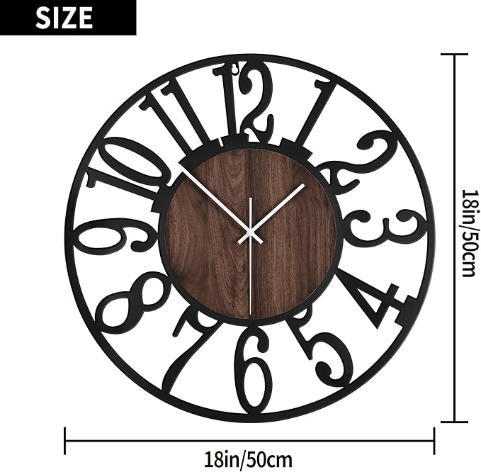 1st owned Large Wall Clock for Living Room Decor- 20" Decorative Antique Silent Non Ticking,Battery Operated,Black Metal,Wood Clocks for Farmhouse,Dining Room,Bedroom,Kitchen - Arabic Numerals
