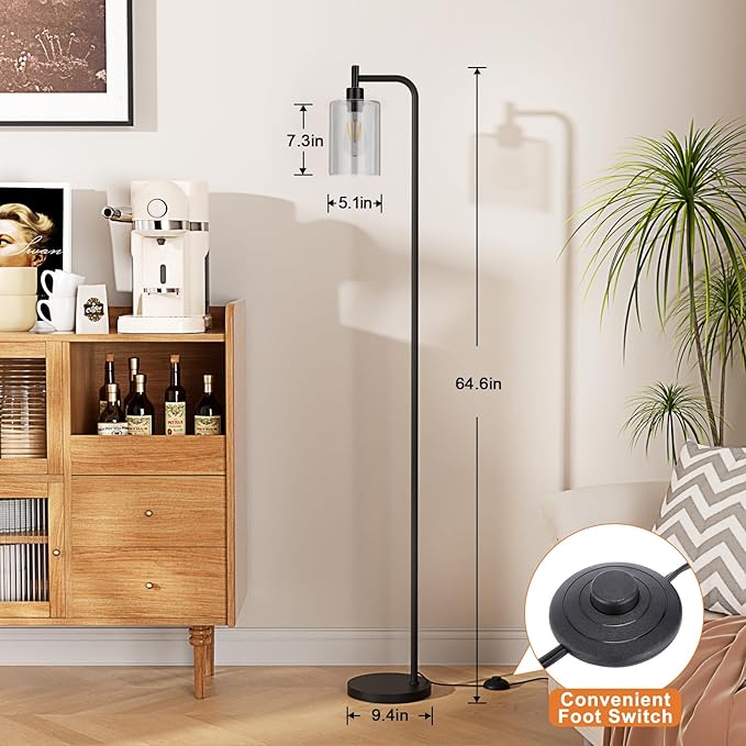 Floor Lamps for Living Room - Standing Lamp with Grey Glass Shade, Modern Floor Lamp with LED Bulbs, Industrial Floor Lamp for Bedroom, Black Tall Lamp for Office(Light Bulb Included)