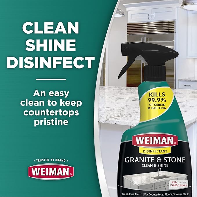 Weiman Disinfectant Granite Cleaner and Polish With Microfiber Cloth - Safely Clean Disinfect and Shine Granite Marble Soapstone Quartz Quartzite Slate Limestone Corian Laminate Tile Countertop