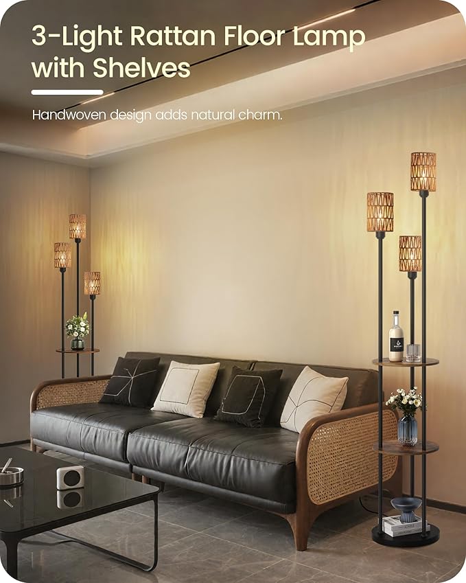 Floor Lamp with Shelves, Boho Floor Lamp with Foot Switch, 3-Light Standing Lamp, for Living Room, Bedroom, Study, Rustic Brown and Yellow YF53LD05 