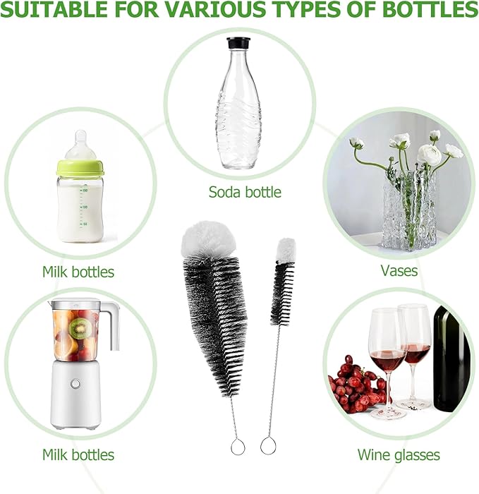 Bottle Brush Cleaner Set of 2 - Water Bottle Cleaner Brush with Anti-Scratch Bristles, Stainless Steel Handle - Bottle Washer Brush for Soda Bottles, Sports Bottles, Baby Bottles, Wine Glasses