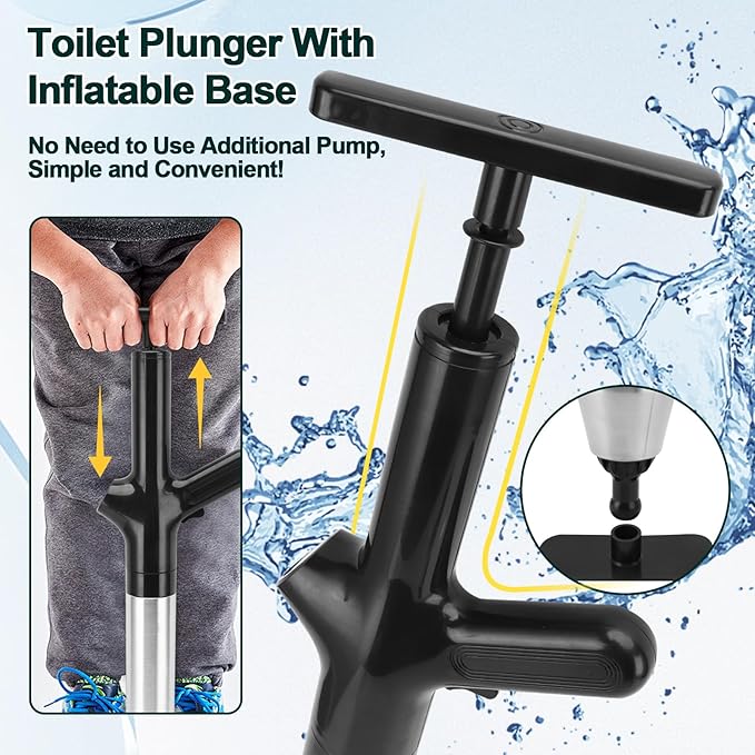 Toilet Plunger Drain Clog Remover, High Pressure Air Drain Remover Tool with Real-Time Barometer, Stainless Steel Clog Toilet Cleaner for Bathroom Kitchen Commercial Floor Sink(Black)