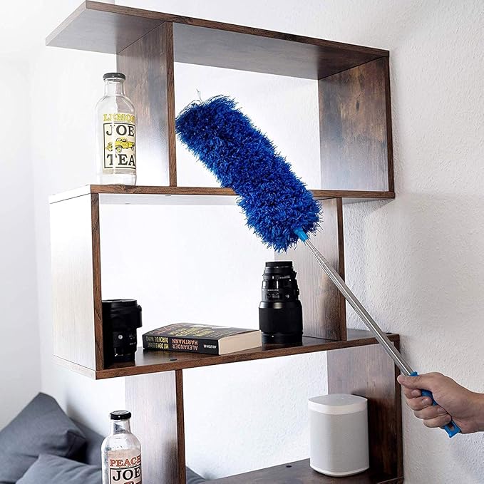 Microfiber Feather Duster with Extendable Pole, 100 inches Extra Long Cobweb Duster for Cleaning, Bendable Head, Non-Scratch, Washable Duster for Ceiling, Fan, Furniture Blue