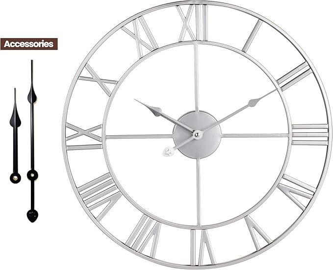 1st owned Large Wall Clock, Metal Retro Roman Numeral Clock, Modern Round Wall Clocks Almost Silent, Easy to Read for Living Room/Home/Kitchen/Bedroom/Office/School Decor (Silver, 18.5 Inch)