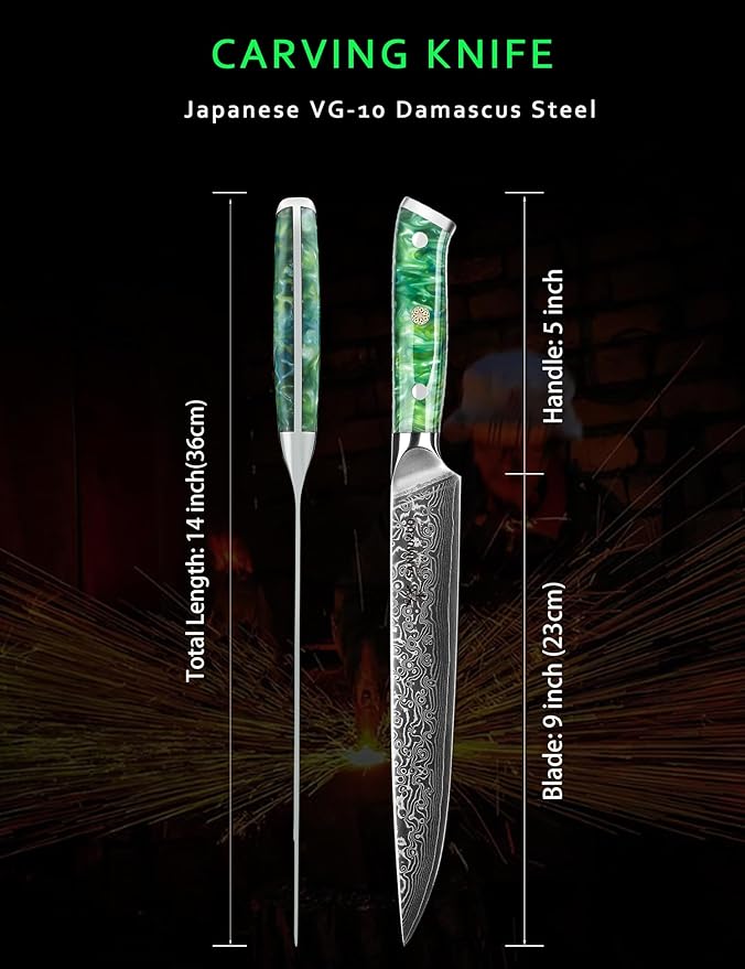 Carving Knife - 9 inch Kitchen Meat Cutting Slicing Knife- Xuan Series - VG10 Damascus Steel with Resin Handle (Jade Green)