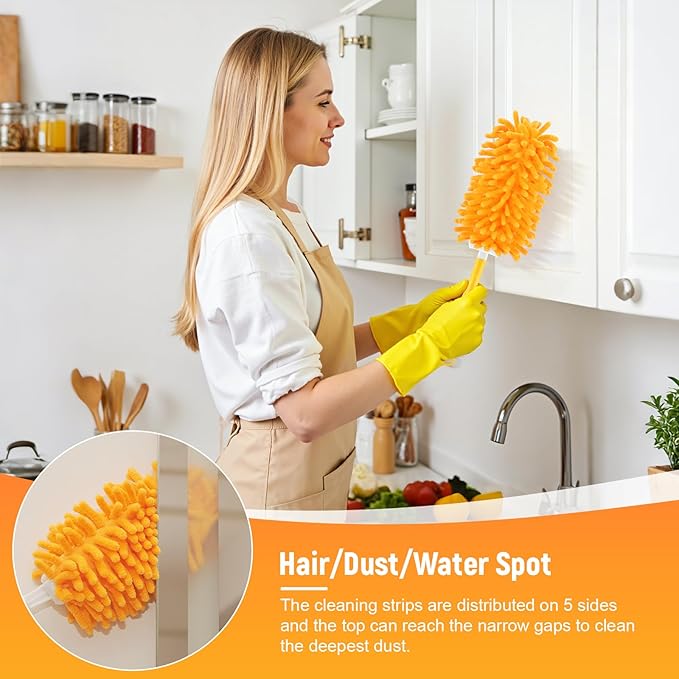 Reusable Duster Refill for Swiffer Duster Refill, 360° Heavy Duty Duster Refills Kit, 5 Pack with 1 Handle Microfiber Ceiling Fan Dusters for Cleaning(Orange, 9PCS)
