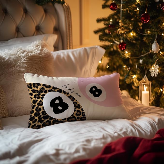 Trendy Leopard Lucky 8 Ball Pillow Covers 20x12, Cheetah Leopard Print Room Decor, Funky Preppy Leopard and Black Billiards Decorative Throw Pillow Covers for Girls Dorm Apartment,Set of 2