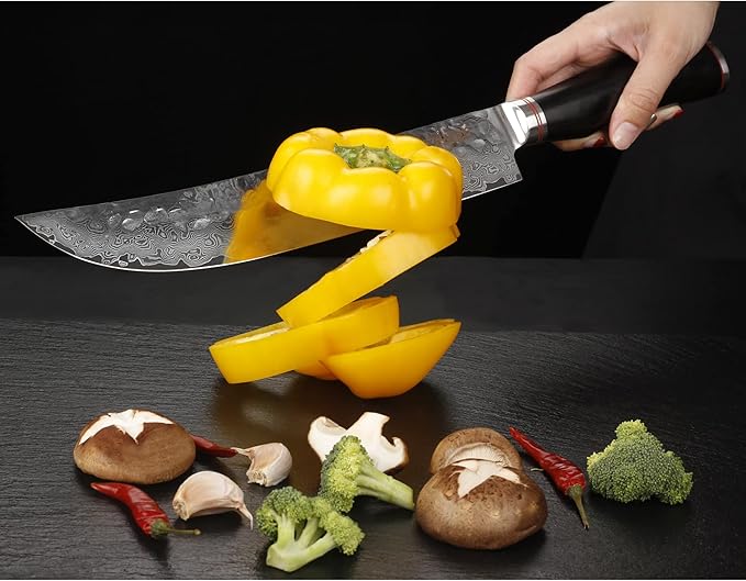 YOUSUNLONG Cimitar Knife 10" Butcher's Scimitar Knife Hammered Japanese Damascus Steel Natural Leadwood Handle