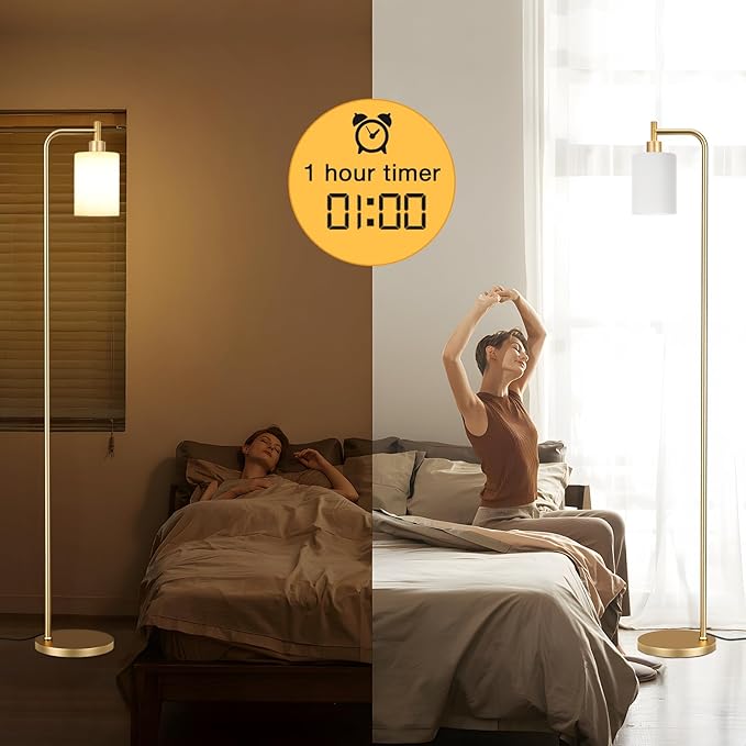 Floor Lamps for Living Room - Industrial Standing Lamp with Remote Control Glass Shade, Modern Gold Floor Lamp with LED Bulbs, Tall Lamp for Bedroom Office - Gold