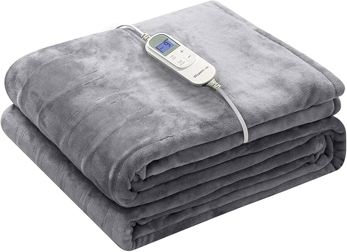 Wapaneus Heated Blanket Electric Throw 72" x 84" Full Size with 10 Heating Levels 12 Hours Time Setings and Auto-Shut Off, Flannel Fast-Heating Electric Blanket,Machine Washable,Light Grey