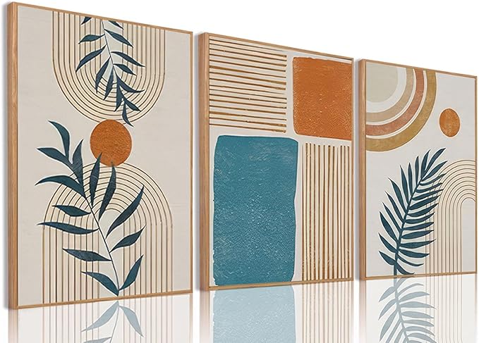 Bwodke Framed Boho Canvas Wall Art Mid Century Modern Prints Set of 3 Neutral Geometric Line Leaf Paintings Decor Minimalist Abstract Pictures Bedroom Living Room Bathroom