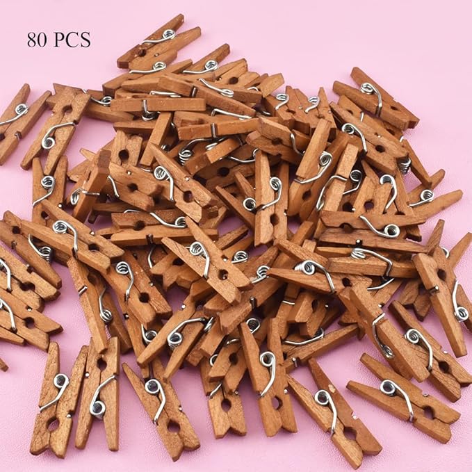 HAHIYO Brown Wooden Clothes Pins Clothespins Mini Aviod Fall Apart 1 Inches Length 80 Pack Strong Springs No Rust No Discoloration for Laundry Bathroom DIY Craft Photos Food Opened Bags