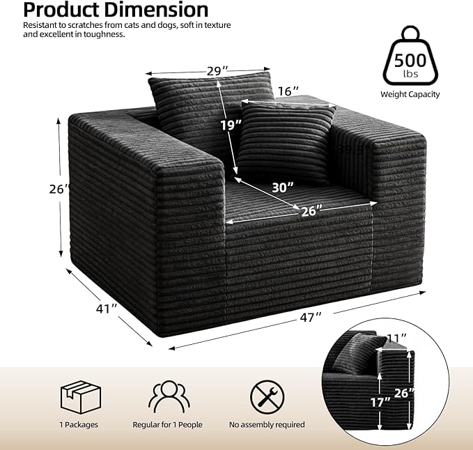 Single Cloud Sofa, Giant Bean Bag Chair with High Backrest & Wider Armrest, Foam Boneless Couch for Oversized Spaces, Comfy Furry Sofas with Pillows for Living Room, Bedroom, Apartment, Dorm, Office