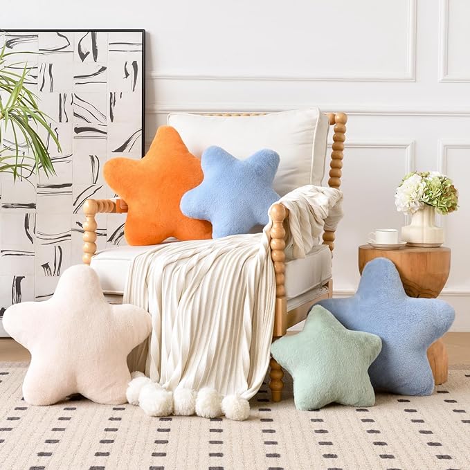 Xiashrk Star Pillow, Decorative Throw Pillows for Bed Couch, 15" Star Shaped Pillow Plush Floor Cushions Room Decor Pillow with Faux Rabbit Fur for Sofa Bedroom Living Room (Orange, 19.6" x 19.6")