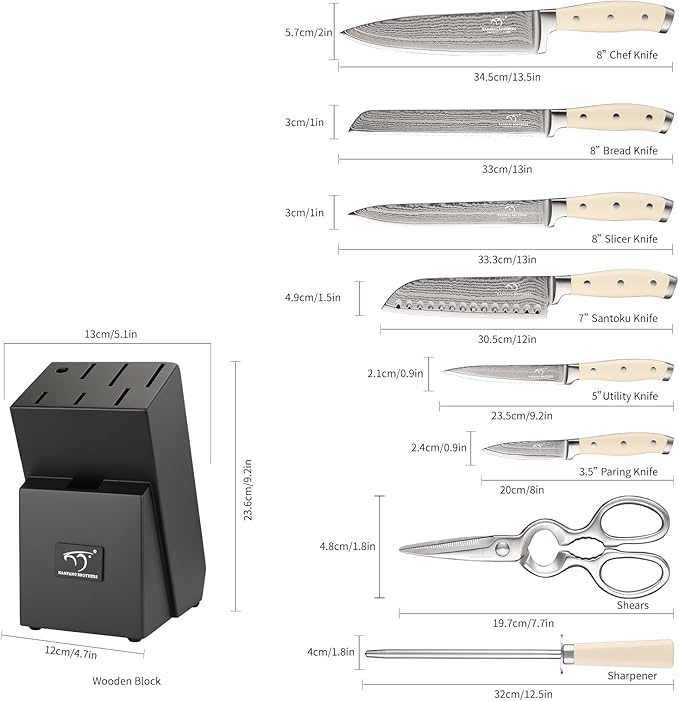 NANFANG BROTHERS Knife Set, 9 Pieces Damascus Kitchen Knife Set with Block, ABS Ergonomic Handle for Chef Knife Set, Knife Sharpener and Kitchen Shears, Knives for Chopping, Slicing & Cutting