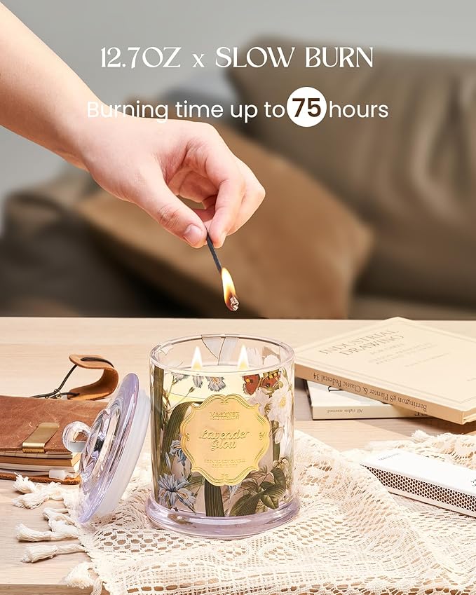 M&SENSE Lavender Candles for Home Scented, Organic Soy Candles with Natural Essential Oil, Relaxing Aromatherapy Candles for Bath Spa Meditation, 2 Wick 12.7oz Large Candle 75 Hour Long Lasting