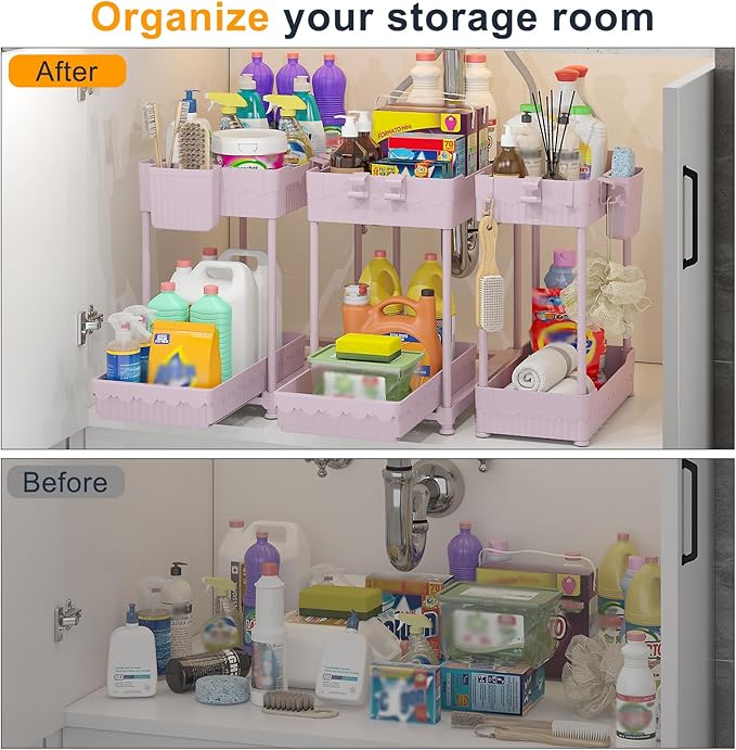3 Pack Under Sink Organizers, 2-Tier Multi-Use Kitchen and Bathroom Organizers and Storage with Sliding Drawers,Bathroom Cabinet Organizer (Pink, 14.8 Inch)