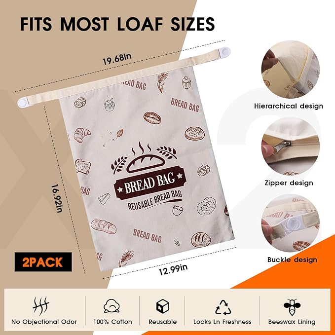 2 Pack Beeswax Bread Bags for Sourdough,Reusable Cotton Beeswax Bag for Homemade Bread, Keep Your Loaf Fresh, Extra Large and Easy to Clean Cotton Storage Bag 17x13 Inch