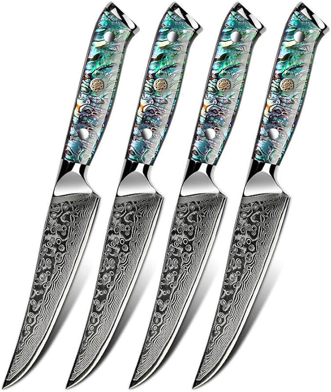 Steak Knives Set of 4 Damascus Steak Knife Set 5-Inch, Forged German Steel Full Tang Handle Straight Edge Dinner Knives, Razor-Sharp, Steel Blade AUS-10V with Abalone Shell Resin Handle