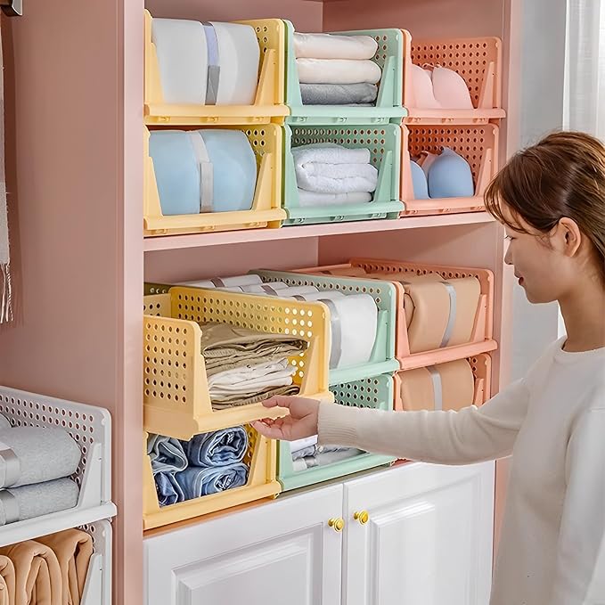 5 Pack Folding Closet Organizers Storage Box, Stackable Storage Bins, Plastic Drawer Basket Closet Storage for Wardrobe Cupboard Kitchen Bathroom Office 5L (Green)