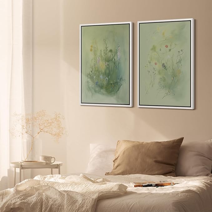 SIGNFORD Framed Canvas Print Wall Art Set Whimsical Green Wildflower Illustration Modern Art Decorative Nordic Nature for Living Room, Bedroom, Office - 24"x36"x2 White