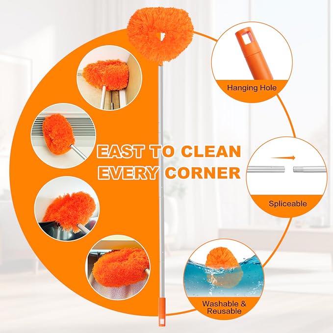 Ceiling Fan Cleaner Duster Reusable Microfiber Ceiling Fan Blade Cleaner Removable Duster with Extension Pole Adjusts 13 to 49.7 Inch for Cleaning Walls Bookshelves Furniture Door Window Top (Orange)