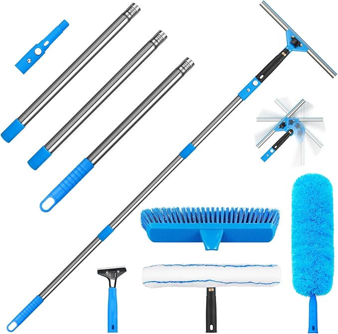Window Squeegee,5 in 1 Bendable Head Window Squeegee for Home,61''Extension Poles,Bendable Head car Window Cleaner Tool,Squeegee for Shower Glass(Blue)