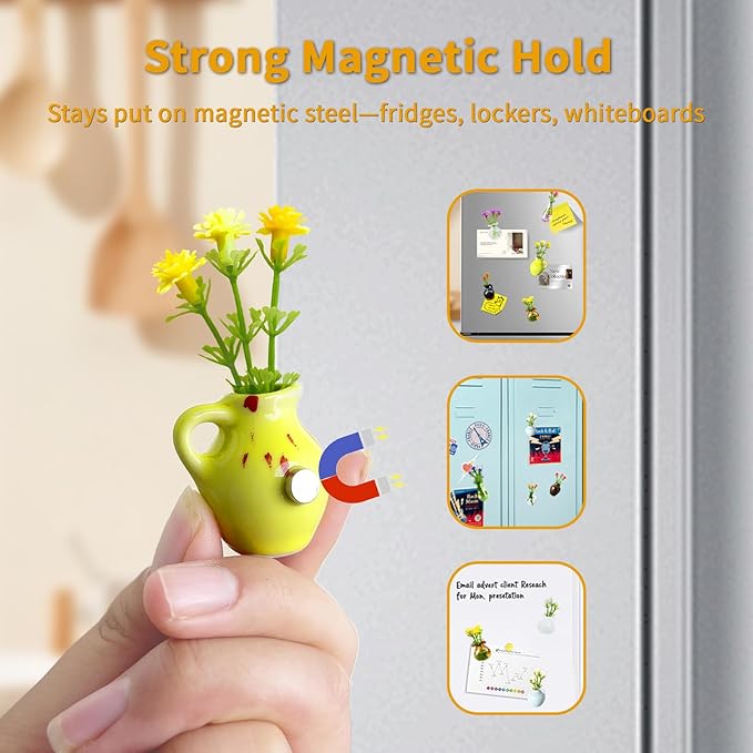 Magnetic Bud Vase Set – Mini Ceramic & Glass Vases with Strong Magnet for Fridge & Whiteboard – Decorative Small Flower Vases for Kitchen, Home or Office Décor for Women (Glass & Ceramic)