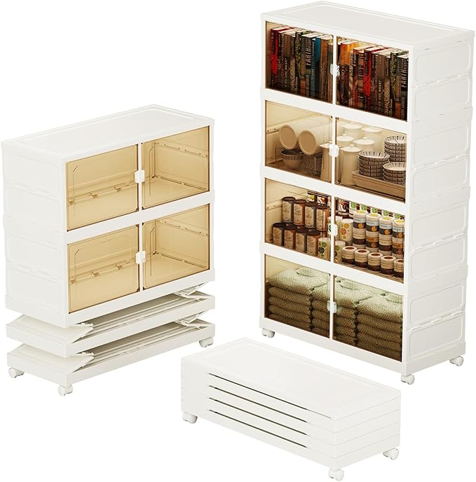 320 QT Extra Large Collapsible Storage Bins, 4 Tier Stackable Storage Bins for Closet Bedroom, XX-Large Plastic Containers with Wheels, Storage Cabinet with Magnetic Doors, White (320QT-4Tier)