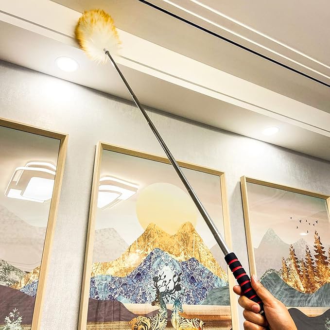 MKUN Lambs Wool Feather Duster extendable Stainless Steel Handle for Cleaning Fan Windows Blinds Laptop and Furniture 45" Long (Natural)