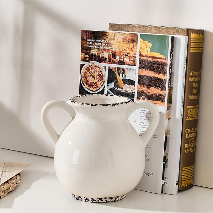 LUKA Antique Ceramic Vase with 2 Handle,6.4 inches Ice Cracked Rustic Vase Minimalist Decor, Decorative Vases for Home Decor, Table, Living Room, Shelf, Christmas Decoration(Small,Ice Cracked White)