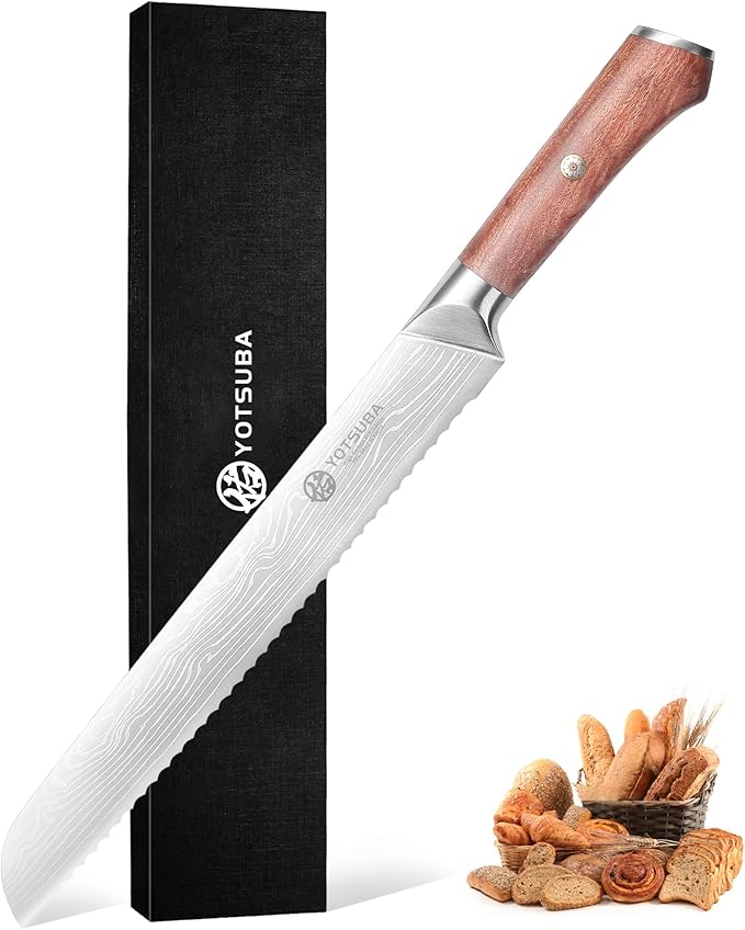 YOTSUBA 10" Bread Knife, Serrated Knife for Homemade, High Carbon Stainless Steel Serrated Bread Knives with Ergonomic Wood Handle, Professional Bread Cutting Knives for Homemade Bread with Gift Box