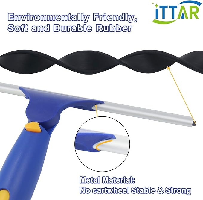 ITTAR Window Squeegee Cleaner Kit, 5Ft Extendable Stainless Steel Pole with Rotatable Rubber Squeegee & 2 Microfiber Scrubber Pads, Professional Window Cleaning Tool for Home, Shower, Car, Windshield