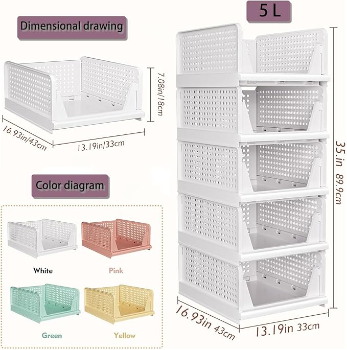 5 Pack Folding Closet Organizers Storage Box, Stackable Storage Bins, Plastic Drawer Basket Closet Storage for Wardrobe Cupboard Kitchen Bathroom Office 5L (Yellow)