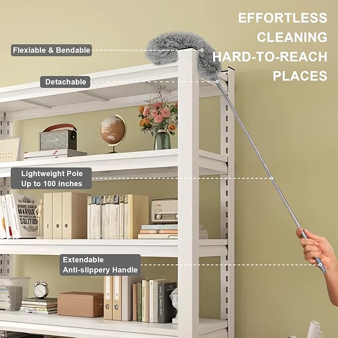 Dusters for Cleaning, 9 in 1 Kit 100” Feather Duster with Extension Pole, Retractable Bendable Washable, Cobweb Duster Chenille Gap Dust Brush Blind Duster for Cleaning High Ceiling Fans Furniture